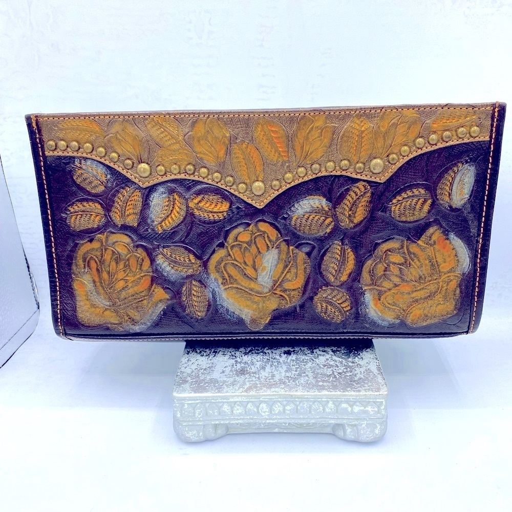 American West Tooled Leather Black/ Brown Clutch Has Rose Floral Design Purse - Picture 10 of 10